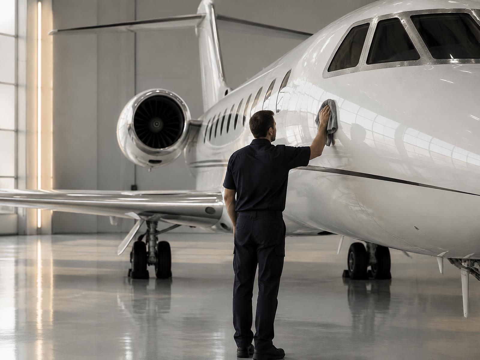Private jet fuselage being hand-finished in a hangar