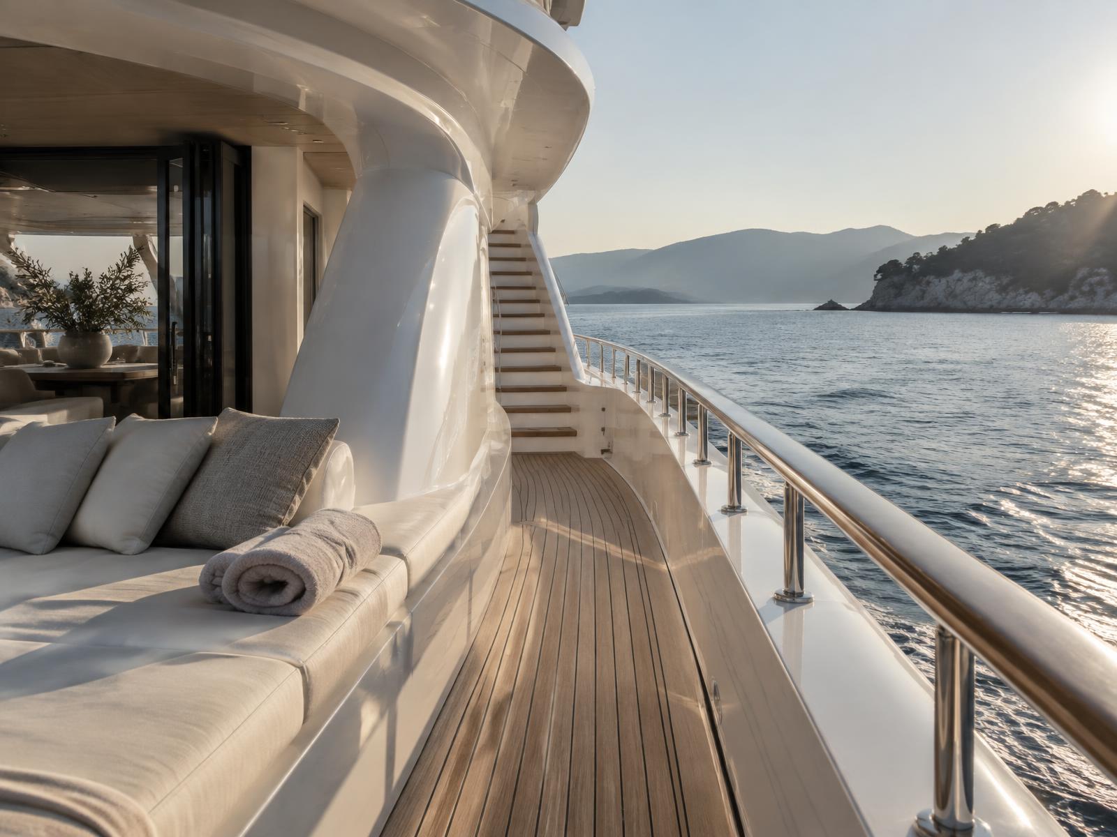 Architectural superyacht deck overlooking the sea
